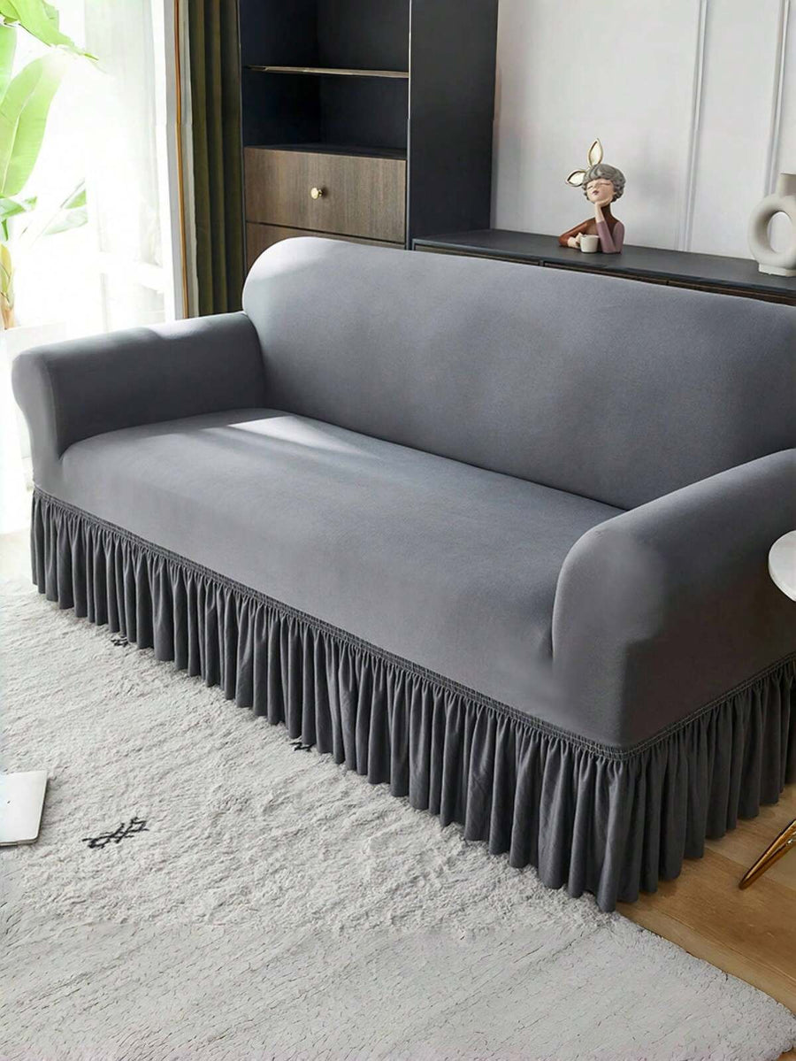 1pc Ruffled Sofa Cover, Decorative Elastic Sofa Slipcover, Floral Edge Single/Double/Three/Four Seater Sofa Cover, Solid Color Milk Silk Fabric Anti-Slip Sofa Protector, All Season