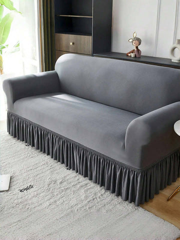 1pc Ruffled Sofa Cover, Decorative Elastic Sofa Slipcover, Floral Edge Single/Double/Three/Four Seater Sofa Cover, Solid Color Milk Silk Fabric Anti-Slip Sofa Protector, All Season
