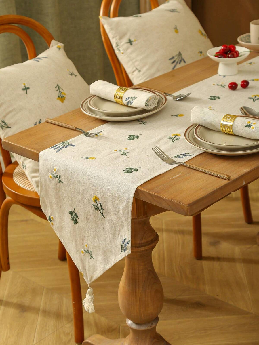1pc Luxurious Linen Wheat Ear Embroidery Tasseled Table Runner, Oblong Farmhouse Cream-Colored Tablecloth For Home Decor