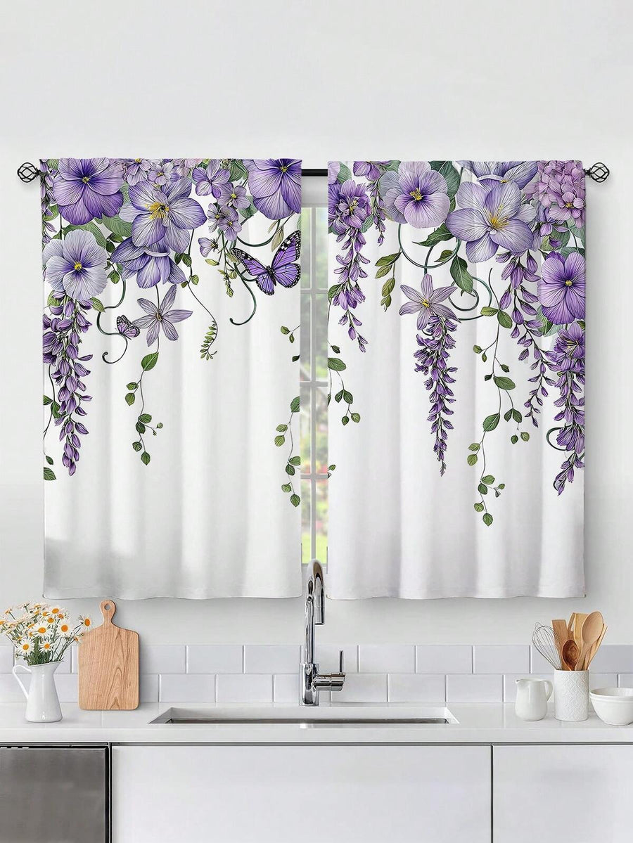 2pcs Purple Floral Butterfly Lavender Print Kitchen Window Curtain,Without Holes Curtain,Refer To Bedroom Office Kitchen Living Room Study Home Decor