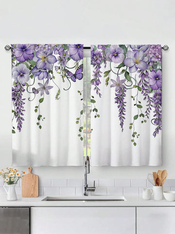 2pcs Purple Floral Butterfly Lavender Print Kitchen Window Curtain,Without Holes Curtain,Refer To Bedroom Office Kitchen Living Room Study Home Decor