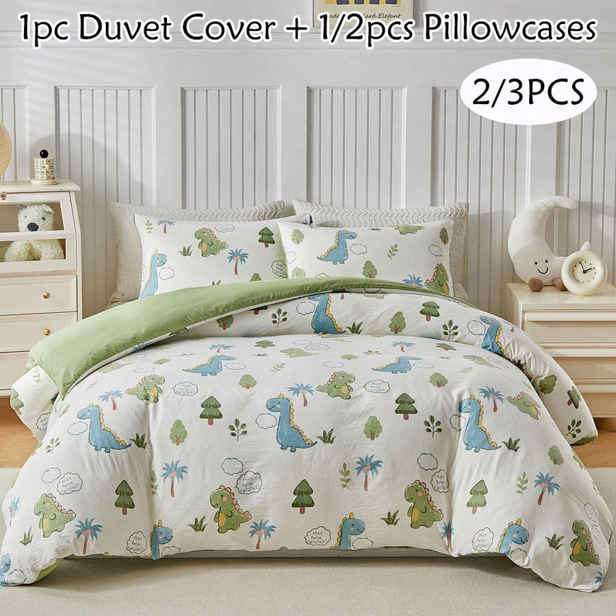 2/3pcs Green Dinosaur Pattern Bedding Set, Cartoon Cute Polyester Duvet Cover Pillowcase Bedding Set, Suitable For All Seasons, Soft & Breathable, Machine Washable, Gift For Boys, Girls, Children (1 Duvet Cover + 1/2 Pillowcase, No Filler)